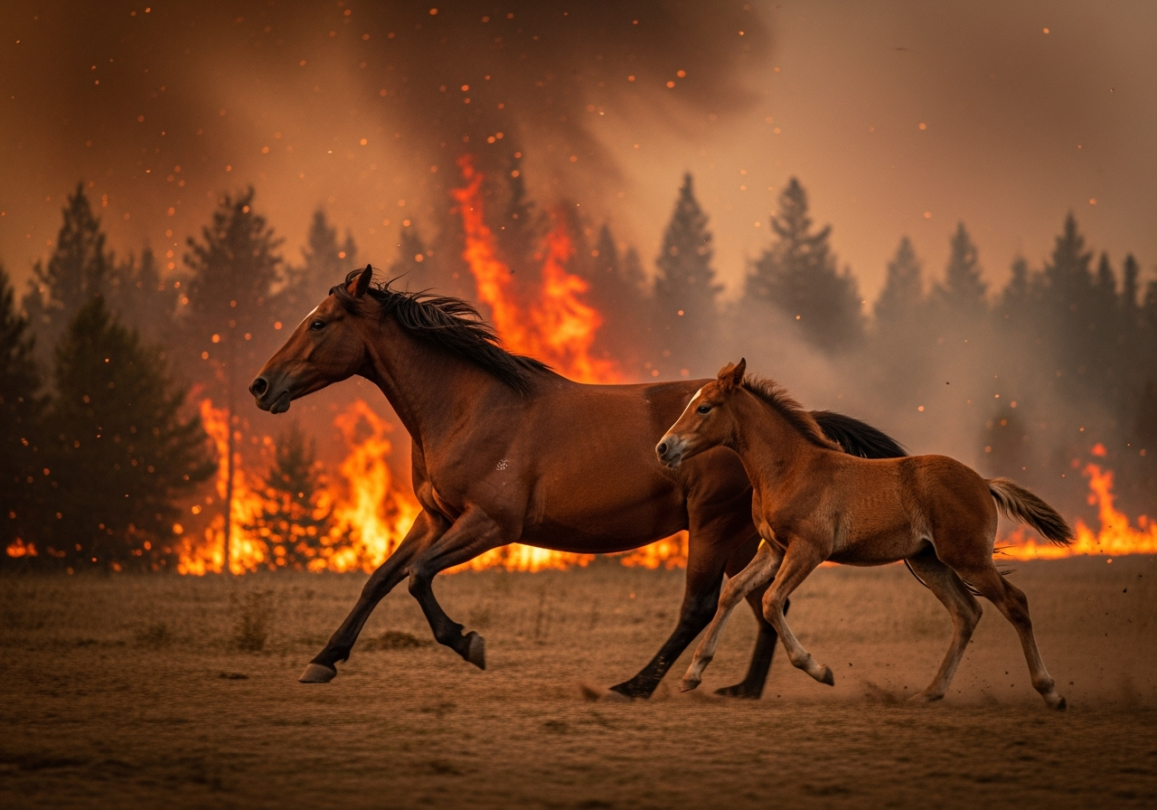 Mare and baby running from a fire