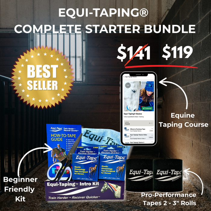 Equi-Taping Complete Starter Bundle with pricing and product display on a dark background
