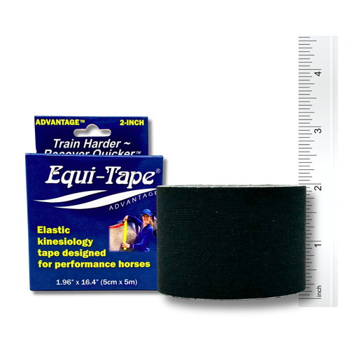Equi-Tape packaging with black 2" tape and a ruler on a white background
