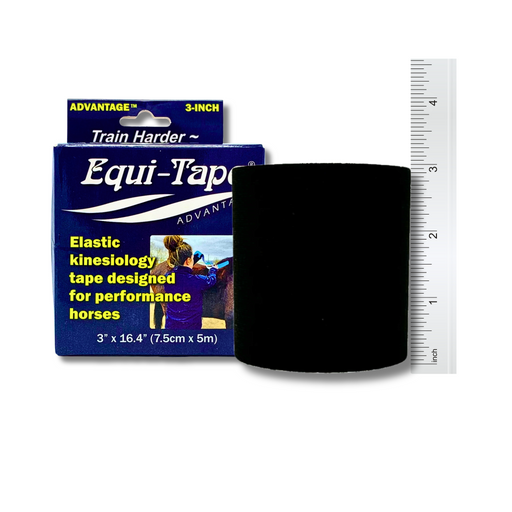 Black 3"Equi-Tape with packaging and a ruler on a white background