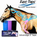 Horse wearing Equi-Tape with packaging and branding displayed