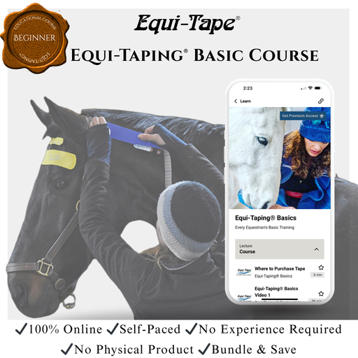 Advertisement for Equi-Tape Equi-Taping Basic Course with a horse and smartphone displaying course content.