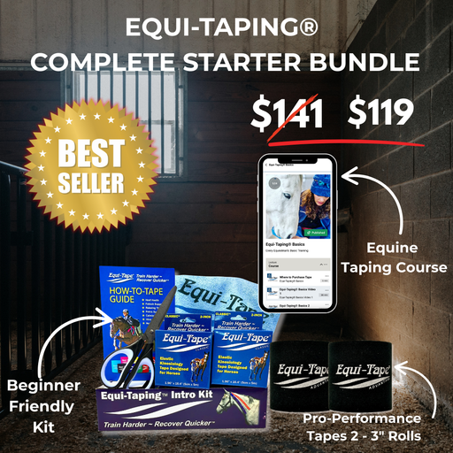 Equi-Taping Complete Starter Bundle with pricing and product display on a dark background