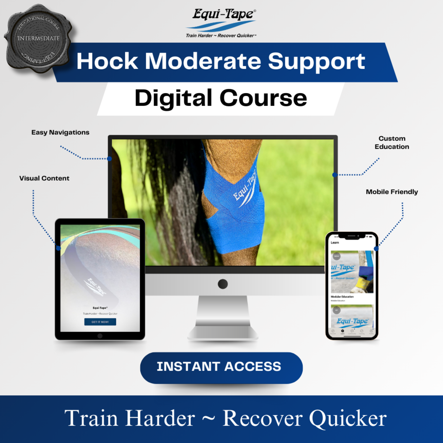 Equi-Tape Hock Module - Level 2 - Moderate Support. This module teaches equine hock anatomy, common hock injuries, and equine kinesiology taping solutions to support injured hocks and prevention. 