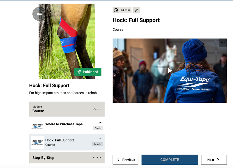 Equi-Tape®'s Hock Module - Designed to teach equine kinesiology taping for  horse's hock. Use this application to support and stabilize the hock after surgery, joint injections, injuries and dysfunctions like bone spavi, thoroughpin, capped hocks, sprains, tears, inflammation, swelling and more. Equi-Tape is clinically prove to help hock, no side effects, no active ingredient, safe for you and your horse. This is the wbpage version of the Equi-Tape® App. Also available on all smart devices, download today!