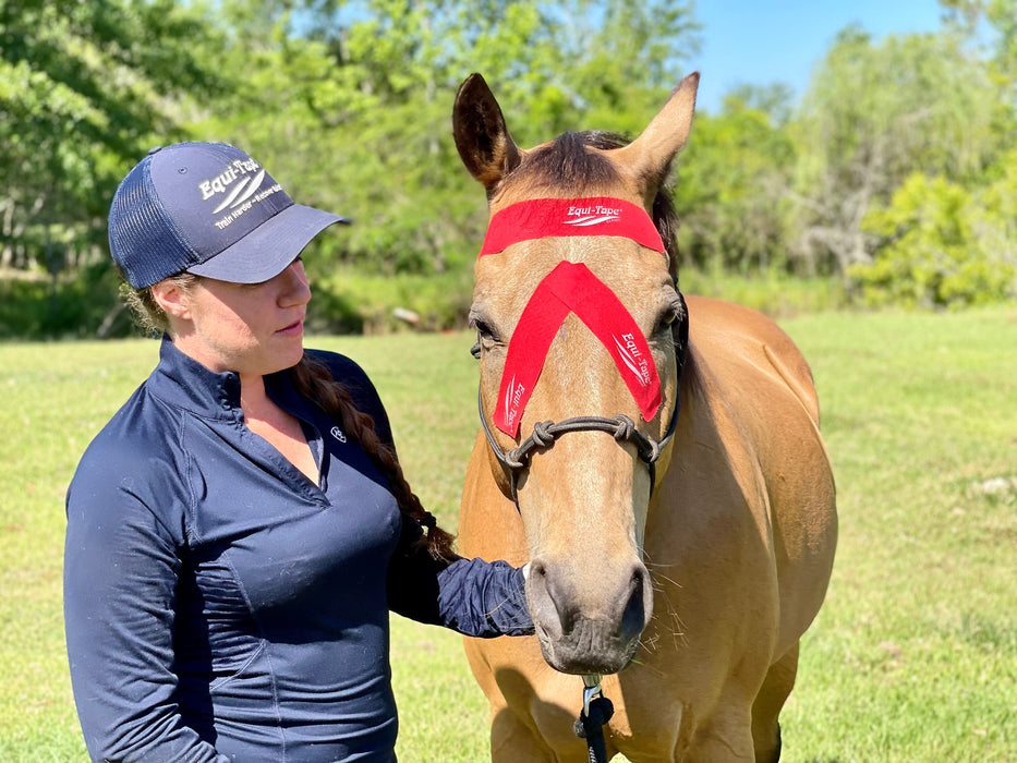 Equi-Tape® application for clogged eye ducts. Use for horse who get clogged eye ducts, gently decompress the area and encourage better circulation and flow.